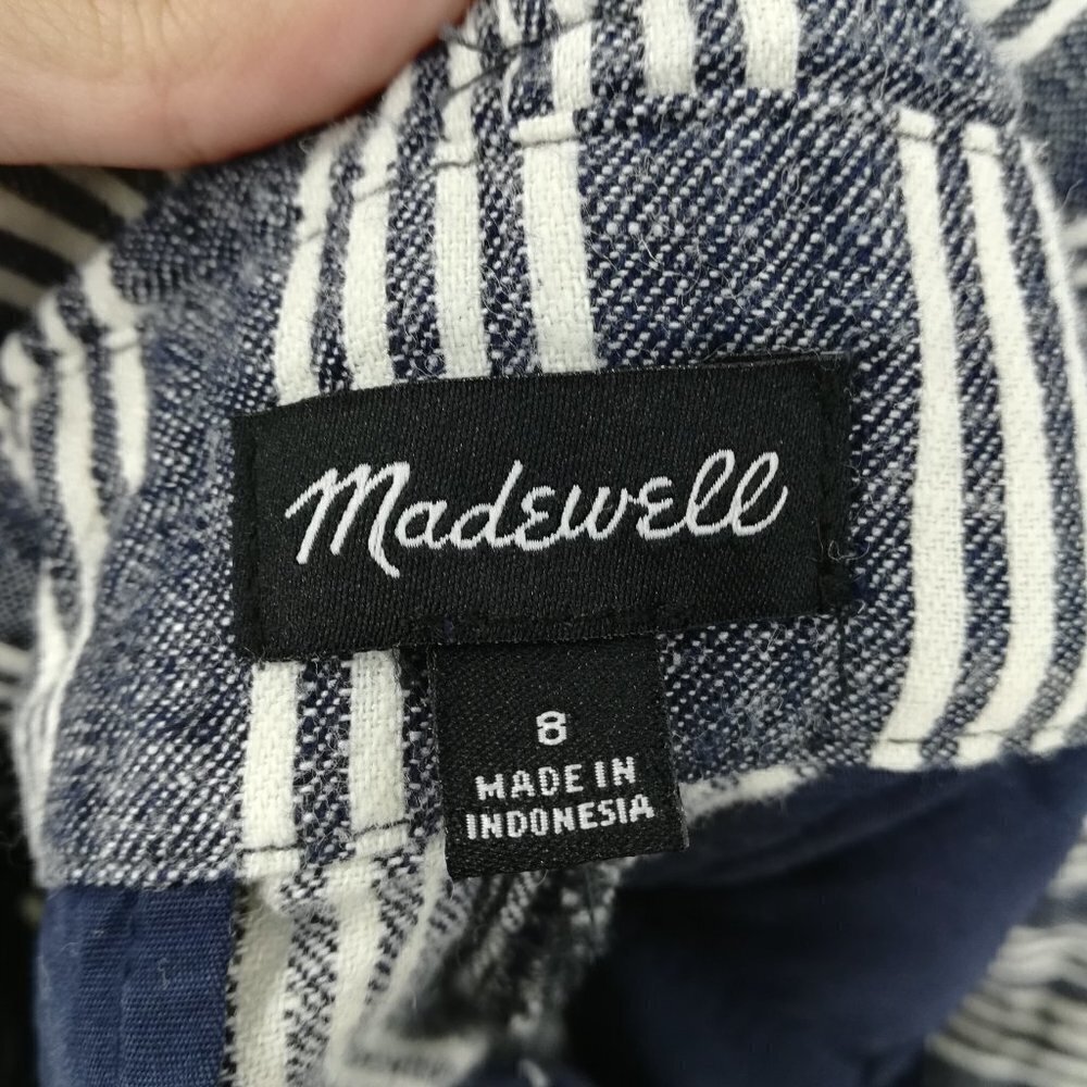 Madewell Striped Linen Blend Paperbag Pants Size 8 Pleated Indigo Stripe Belted - Picture 12 of 12
